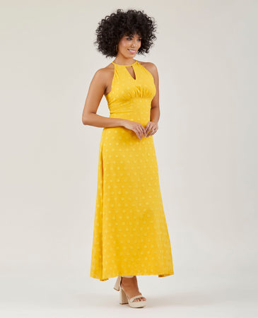 Maxi vestido casual tipo halter amarillo