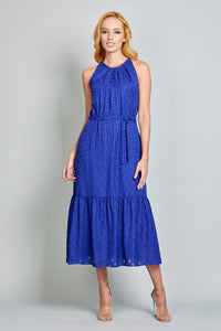 Maxi vestido tipo halter color azul con olan en falda