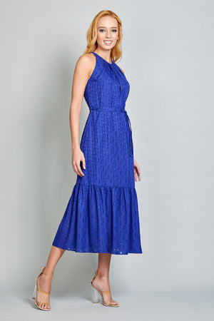 Maxi vestido tipo halter color azul con olan en falda