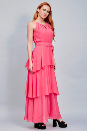 MAXI VESTIDO CASUAL TIPO HALTER COLOR ROSA CON OLANES