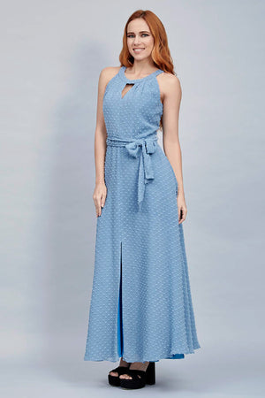 MAXI VESTIDO CASUAL COLOR AZUL TIPO HALTER