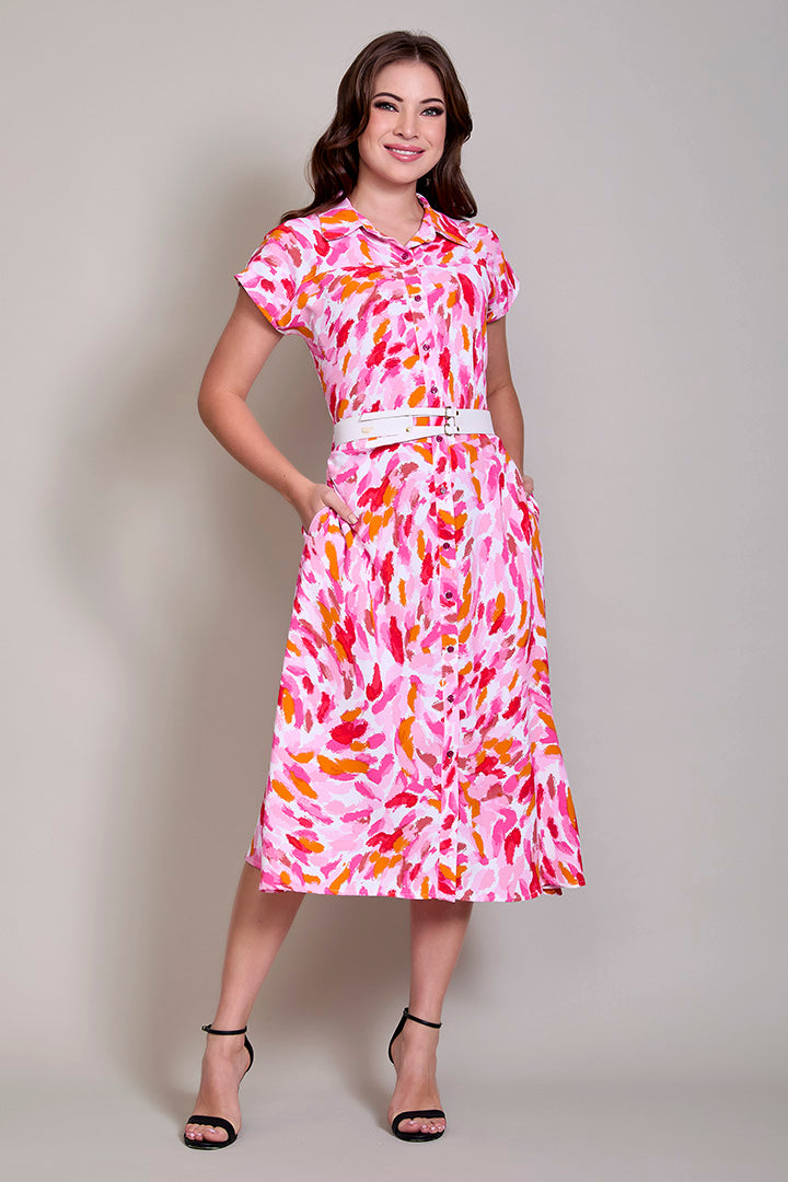 Vestido casual estampado cuello sport con cinturón