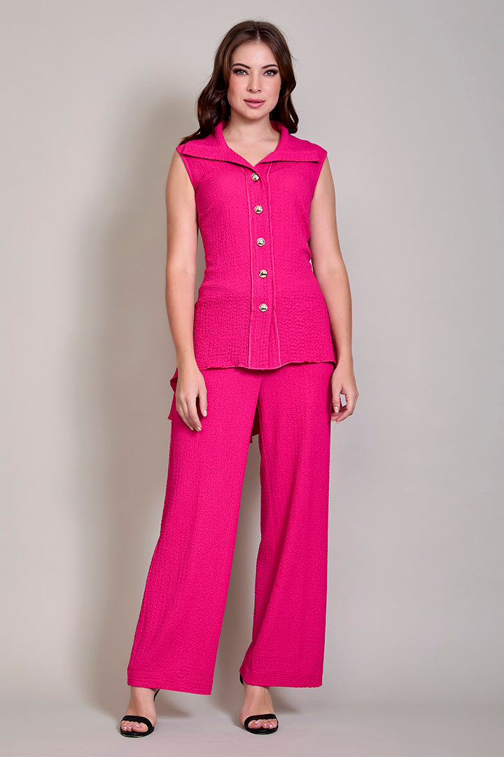 Conjunto de blusón sisado con pantalón amplio color fiusha
