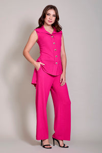 Conjunto de blusón sisado con pantalón amplio color fiusha