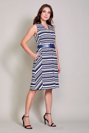 Vestido casual color azul sin manga con cinturón