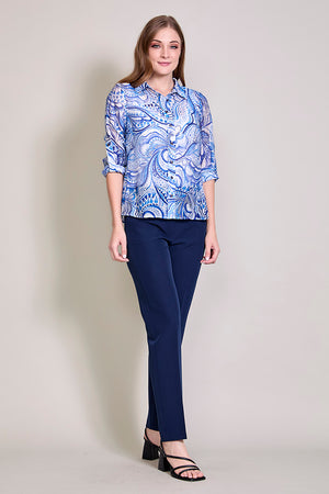 Conjunto de blusa cuello sport color azul con pantalón