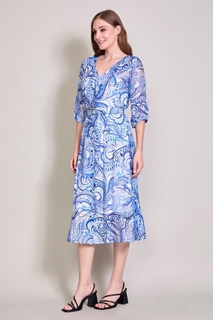 Vestido casual color azul estampado manga 3/4 con cinturón