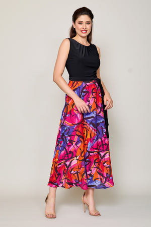 Vestido largo plizado sin manga con estampado multicolor