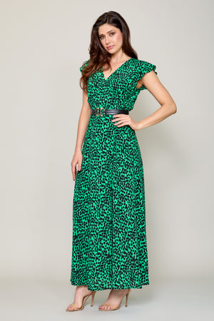 Maxi vestido verde estampado con cinturón manga cup