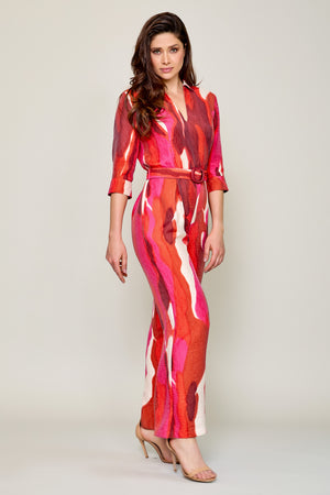 Jumpsuit elegante estampado color rojo con cinturón