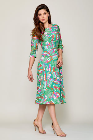 Vestido corto casual verde estampado manga 3/4