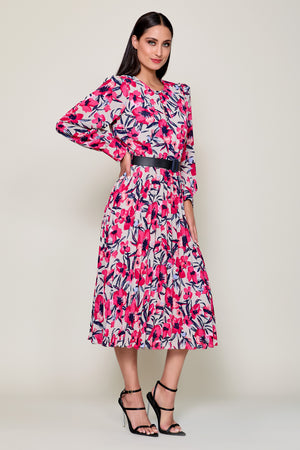 Vestido estampado floral manga larga con cinturón
