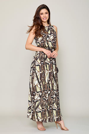 Maxi vestido halter estampado color café con cinturón