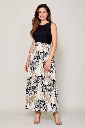 Maxi vestido elegante color negro con falda estampada