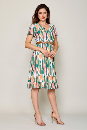 Vestido corto casual con estampado multicolor y cinturón