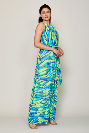 Maxi vestido sin manga estampado multicolor con cinturón