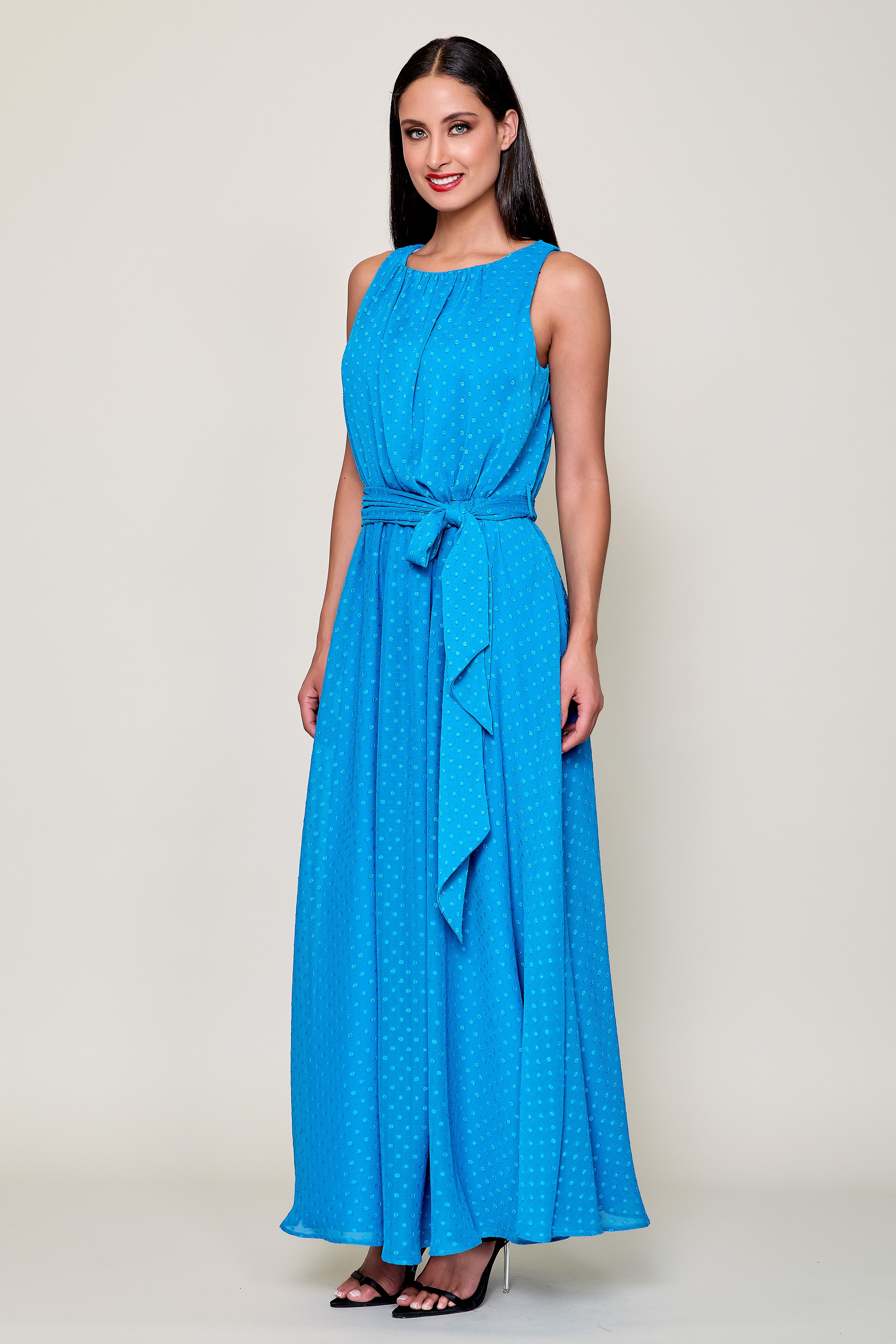 Maxi vestido casual sin manga color azul con cinturón