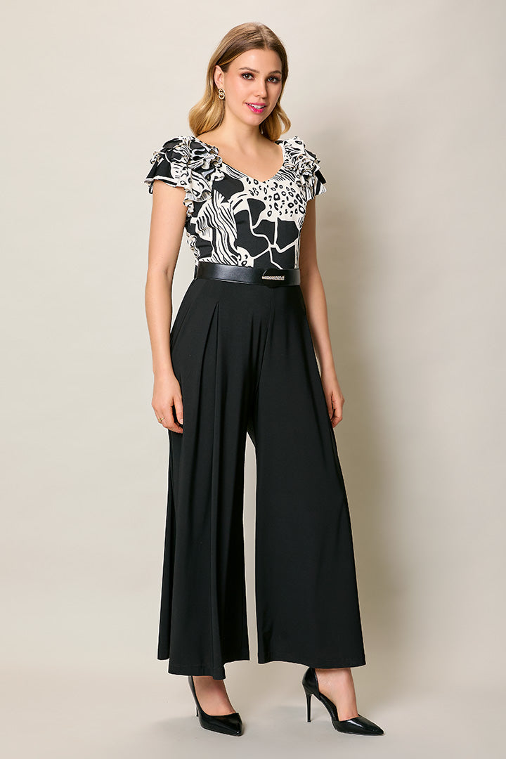 Jumpsuit elegante color negro estampado con cinturón