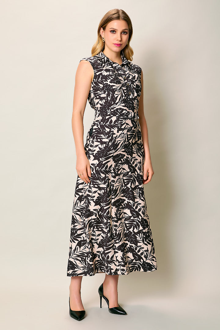 Maxi vestido camisero estampado sin manga con cinturón
