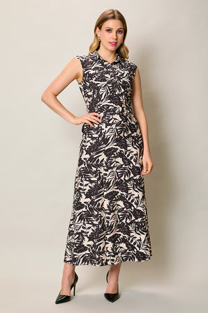 Maxi vestido camisero estampado sin manga con cinturón