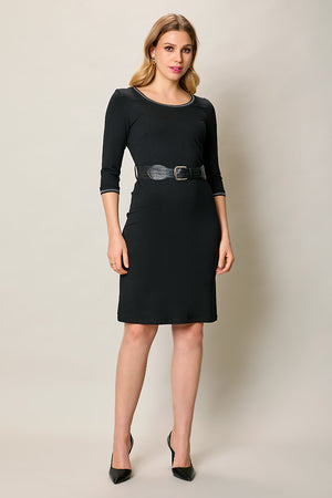 Vestido elegante negro cuello redondo con cinturón