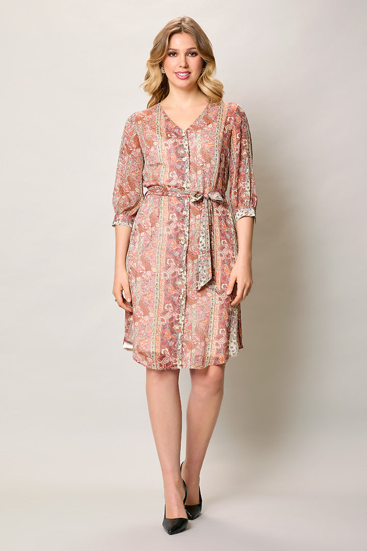 Vestido casual estampado color rosa cuello V y manga 3/4