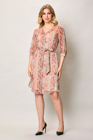 Vestido casual estampado color rosa cuello V y manga 3/4