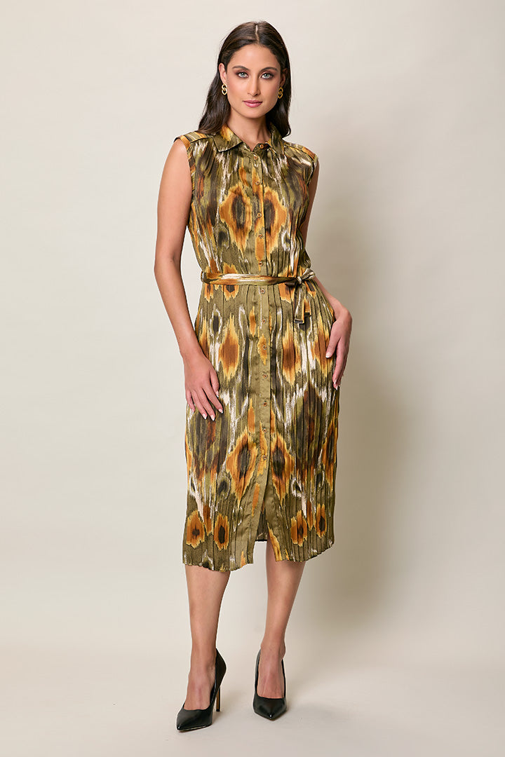 Vestido casual camisero color verde estampado sin manga