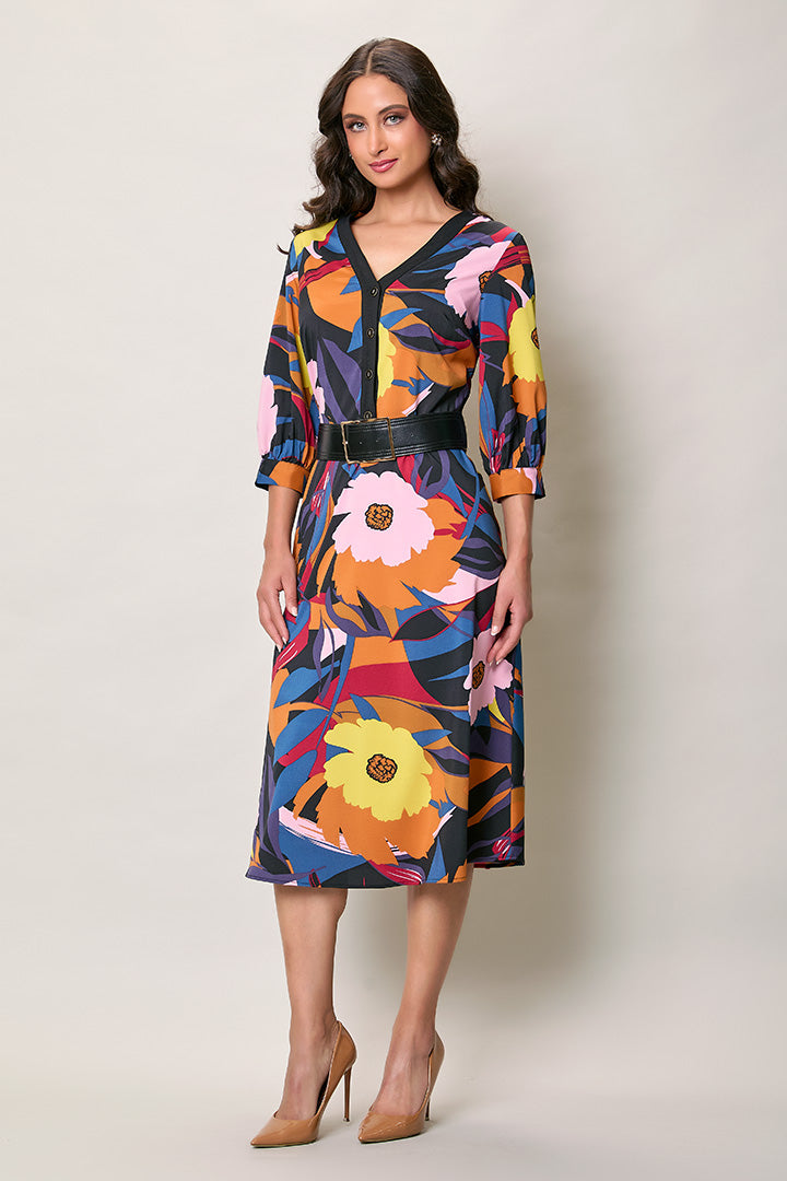 Vestido casual multicolor con cinturón manga 3/4