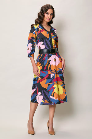 Vestido casual multicolor con cinturón manga 3/4