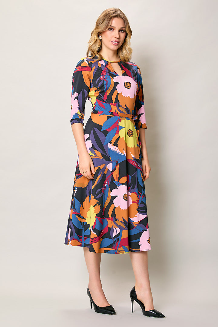 Vestido elegante con estampado multiculor manga 3/4
