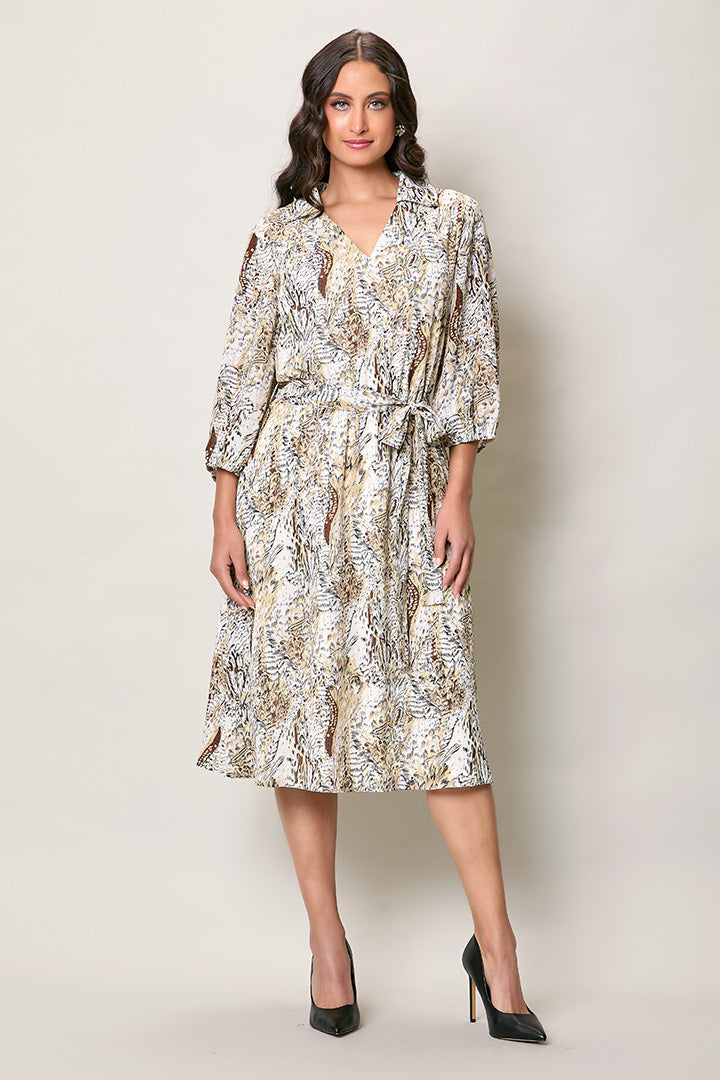 Vestido estampado manga 3/4 y cuello V color café