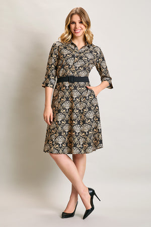 Vestido casual estampado color negro con cinturón
