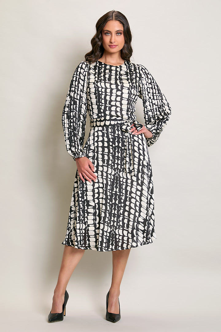 Vestido elegante manga larga tipo globo bicolor
