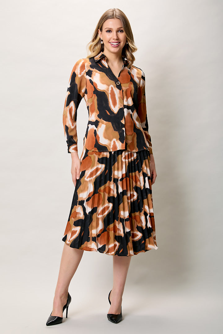 Conjunto estampado color naranja con falda y camisa