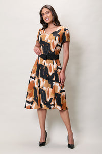 Vestido casual color naranja cuello v con cinturón