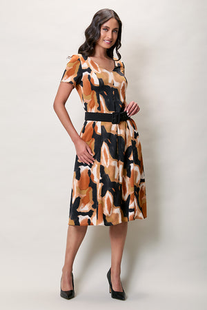 Vestido casual color naranja cuello v con cinturón