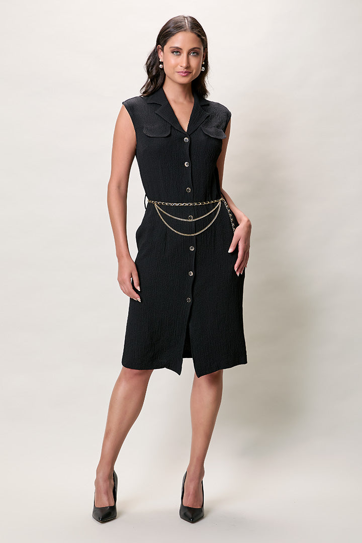 Vestido camisero casual color negro con cinturón