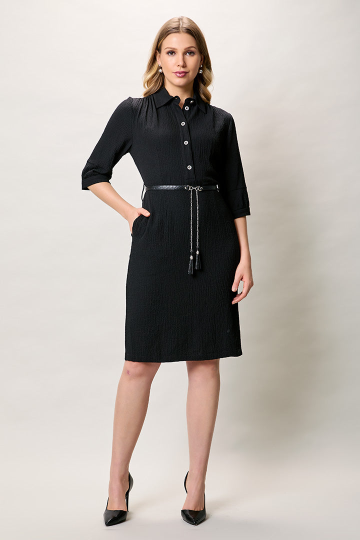 Vestido negro tipo camisero manga 3/4 con cinturón