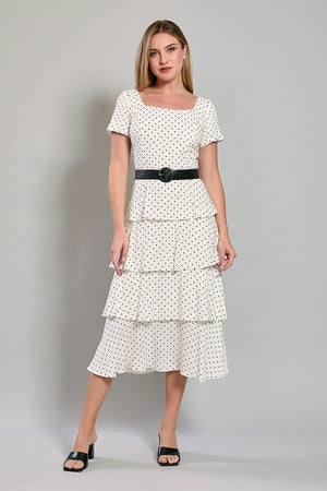Vestido estampado en lunares falda con olanes y cinturón