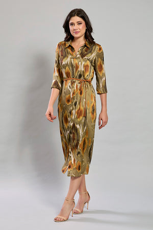 Vestido camisero verde estampado mangas 3/4 y cinturón