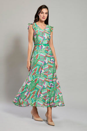 Maxivestido verde casual sin mangas con estampado