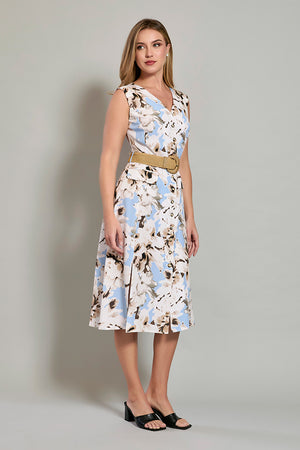 Vestido color crema de estampado floral y cinturón café