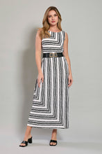 Cargar imagen en el visor de la galería, Maxivestido blanco con rayas negras y cinturón negro