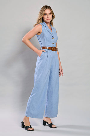 Jumpsuit tipo camisero color azul con cinturón café