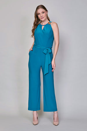 Jumpsuit casual color azul tipo halter con cinturón