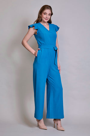 Jumpsuit casual color azul con manga con olanes