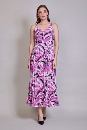 Maxi vestido casual sin mangas con olanes color rosa