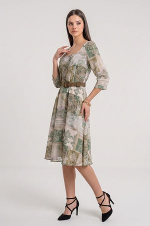 Vestido casual cuello cuadrado estampado color verde