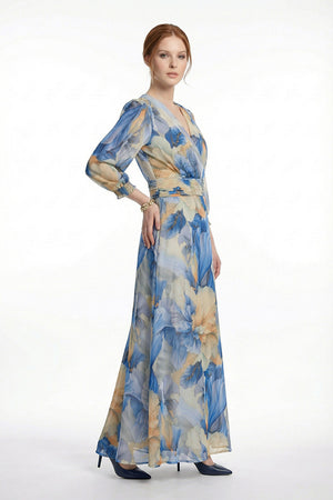 Maxi vestido color azul con estampado manga 3/4